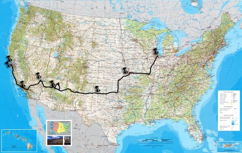 The route we took from San Francisco to Chicago, the pins show roughly where we stayed over night. USA (2007)