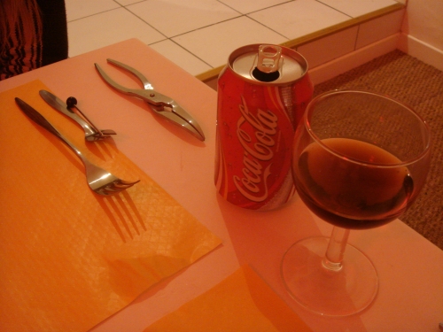 The scary-looking utensils that were required to eat all that seafood. Nice red mood lighting too, France (2006)