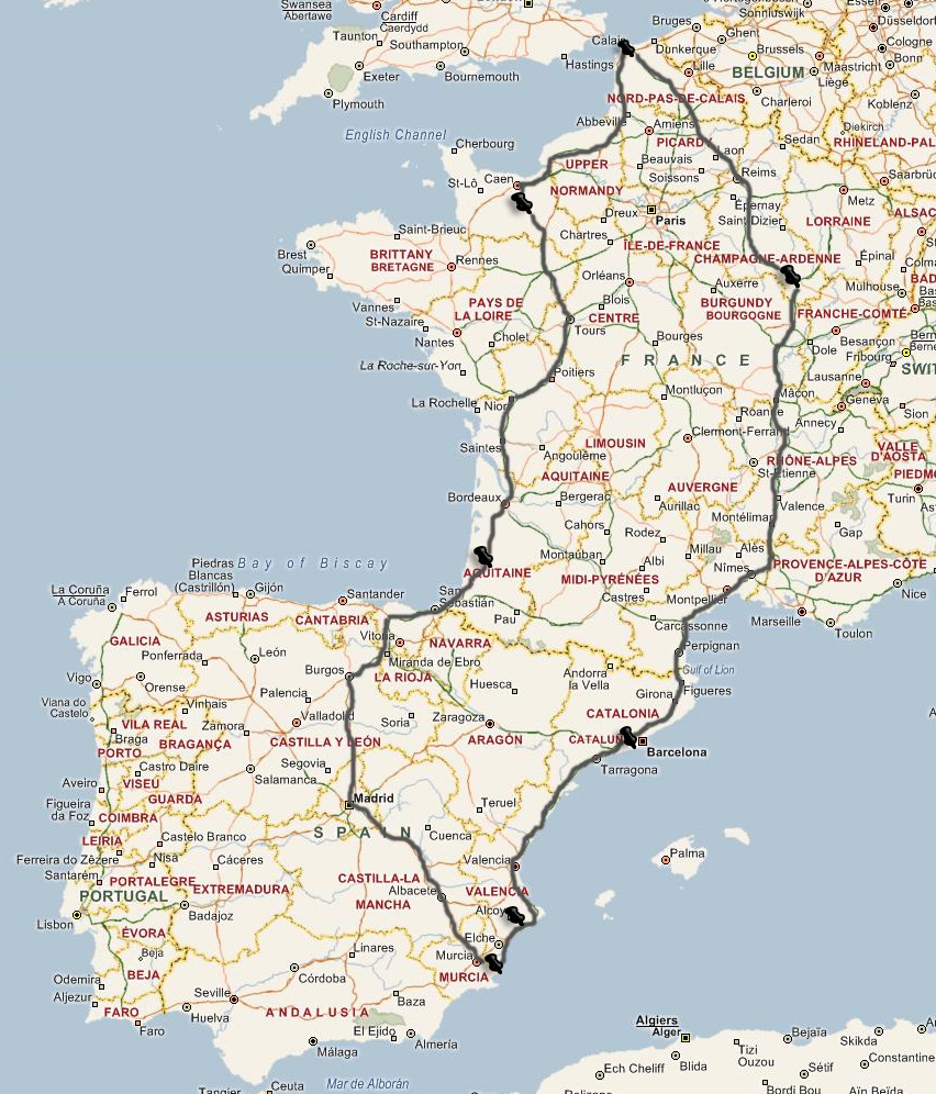 The route we took through France and Spain. We drove down the east side and came back up the western side, EU (2006)