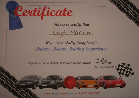 The certificate I receive for completing the day! Bruntingthorpe proving ground (2006)